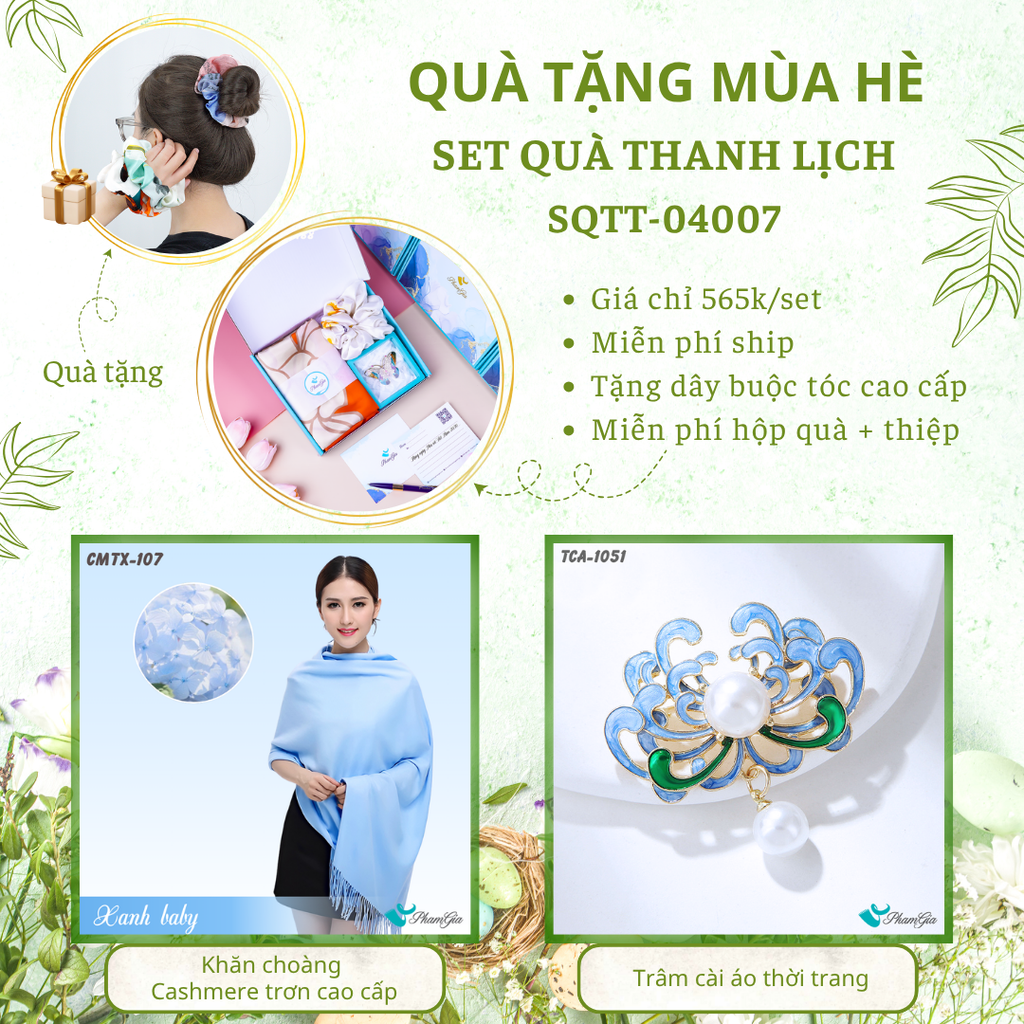 Set quà tặng khăn cashmere trơn và ghim cài áo màu xanh baby cao cấp