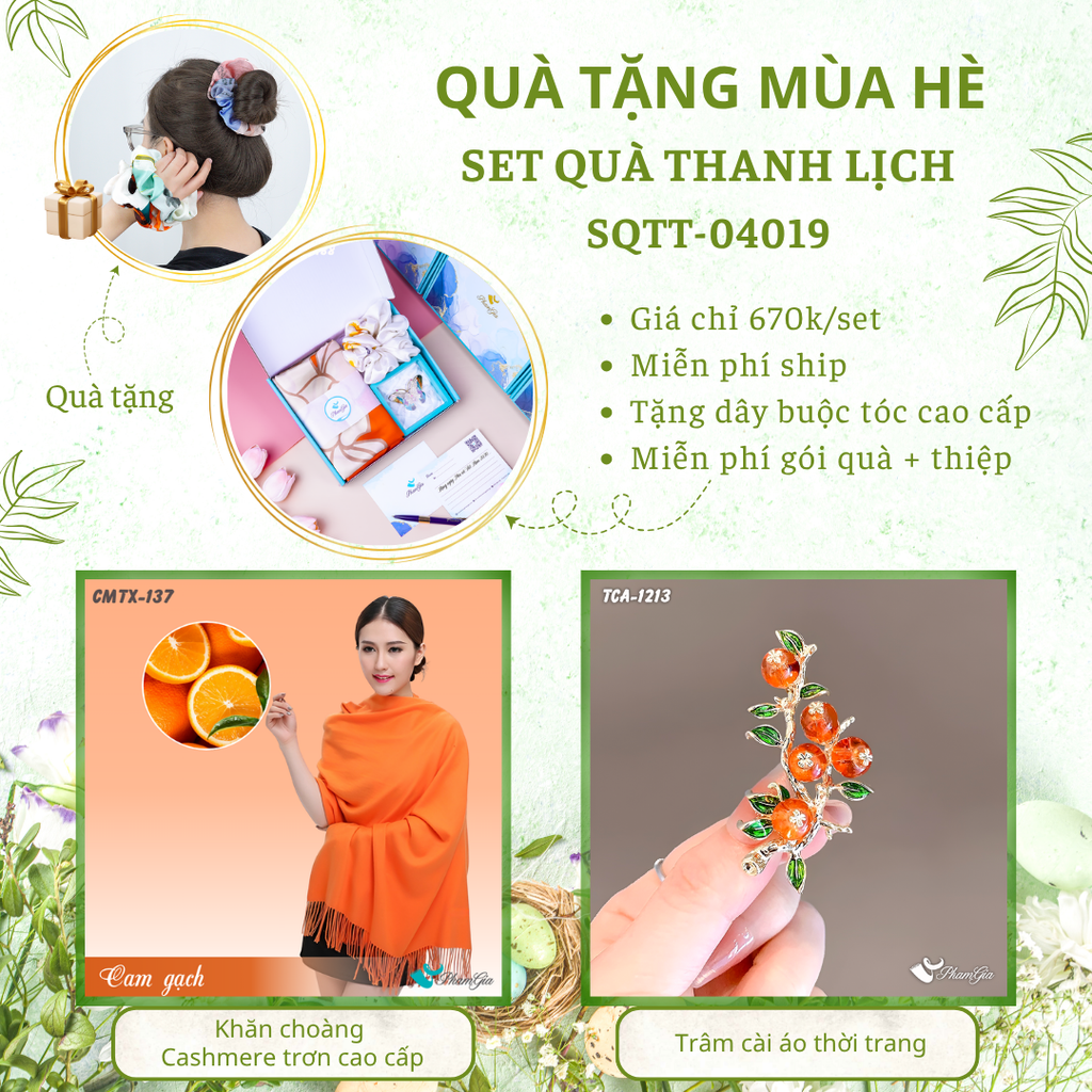 Set quà tặng khăn cashmere trơn và ghim cài áo nhành lựu màu cam gạch cao cấp