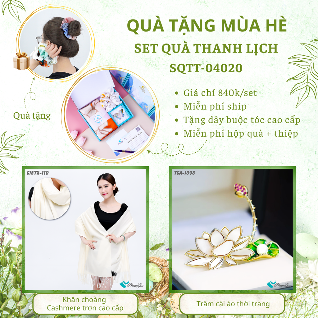 Set quà tặng khăn cashmere trơn và ghim cài áo nhành lựu màu cam gạch cao cấp