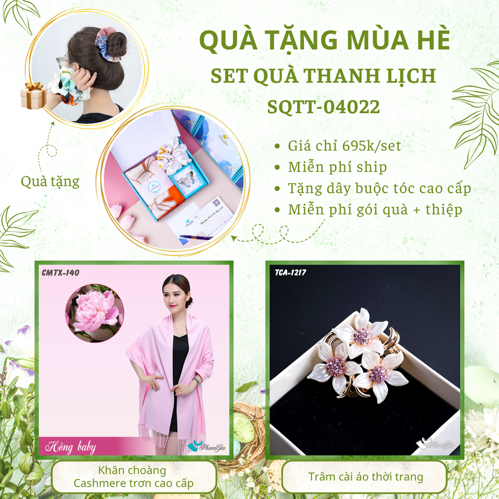Set quà tặng khăn cashmere trơn và ghim cài áo hoa lily màu hồng baby cao cấp