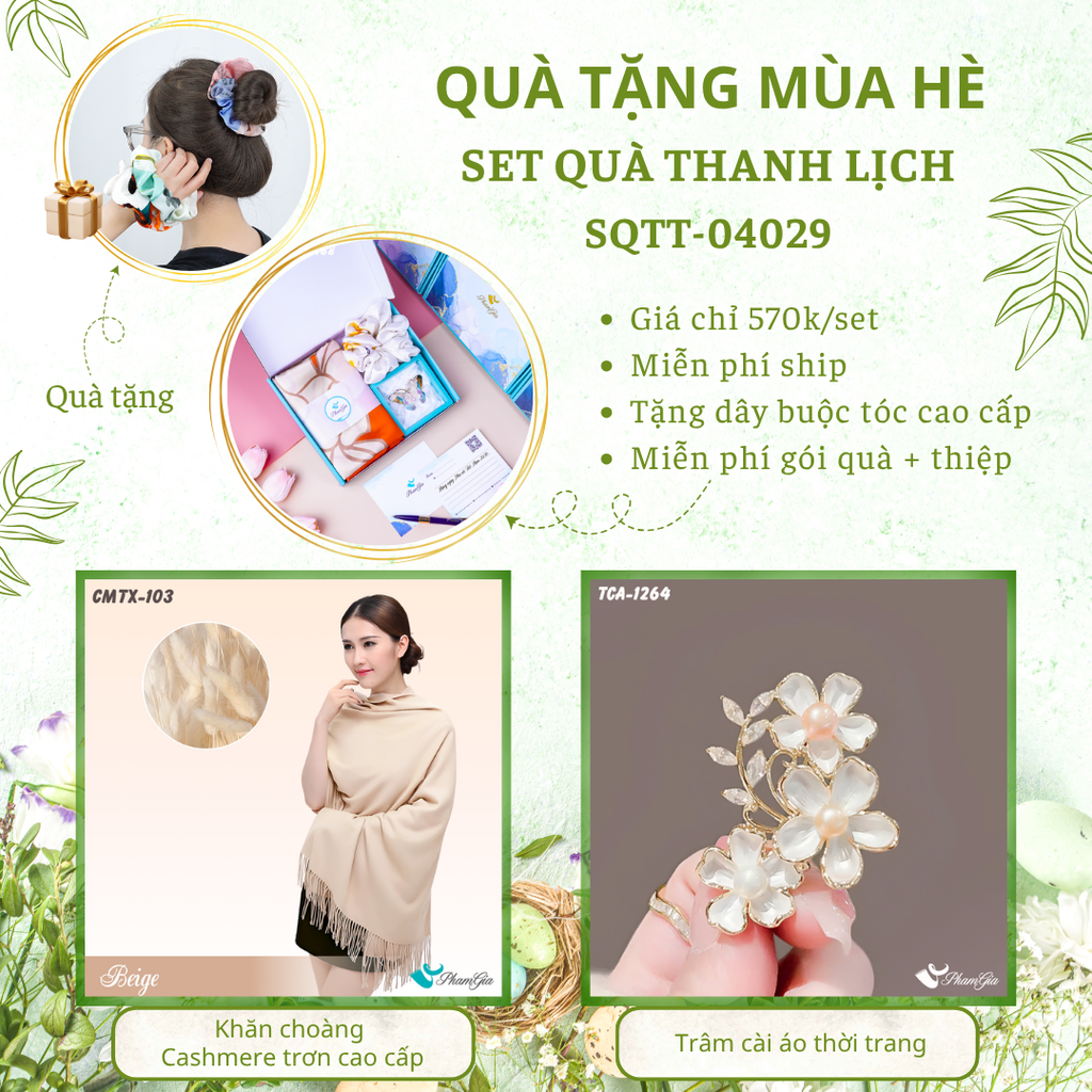 Set quà tặng khăn cashmere trơn và ghim cài áo hoa mai màu beige cao cấp