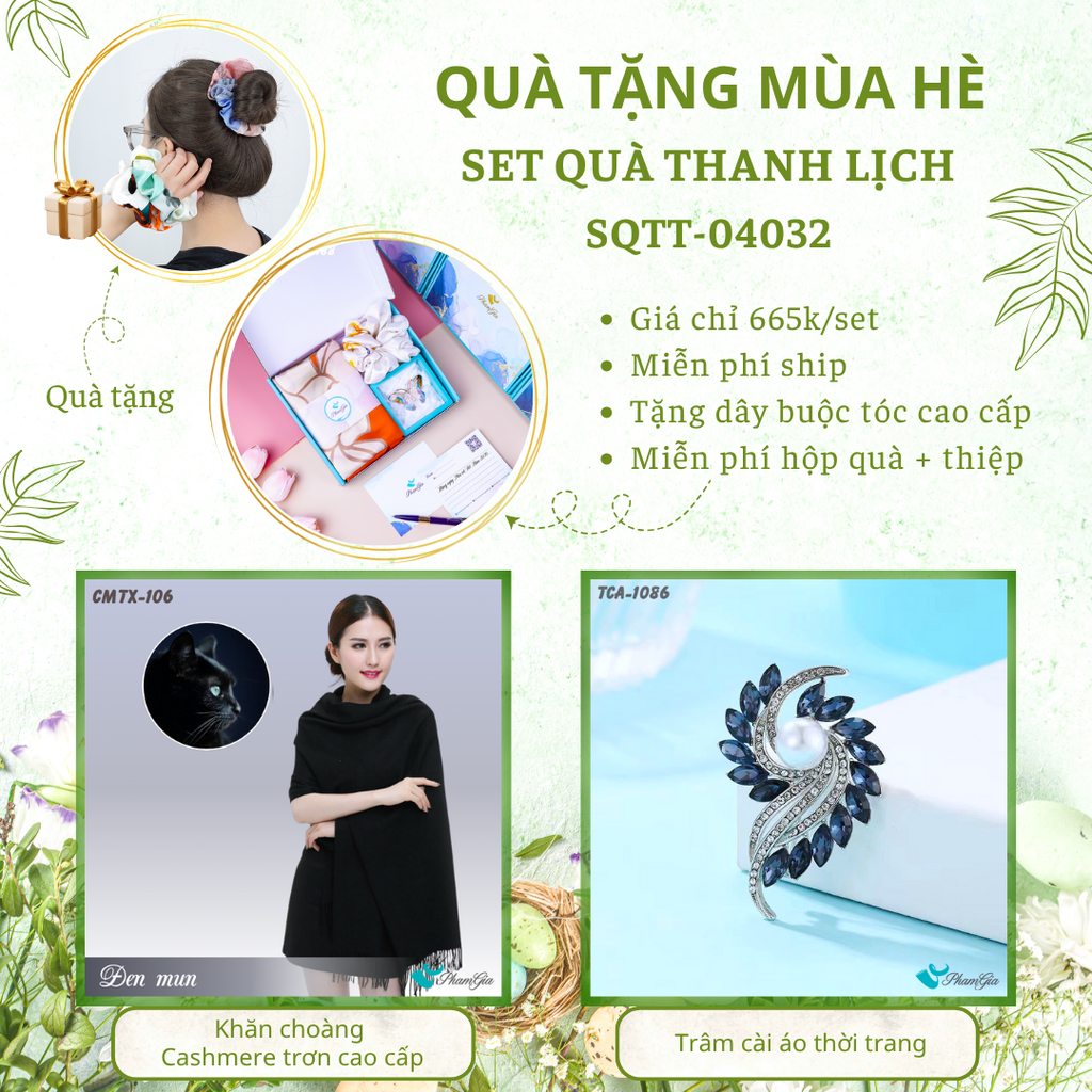 Set quà tặng khăn cashmere trơn màu đen mun và ghim cài áo cao cấp