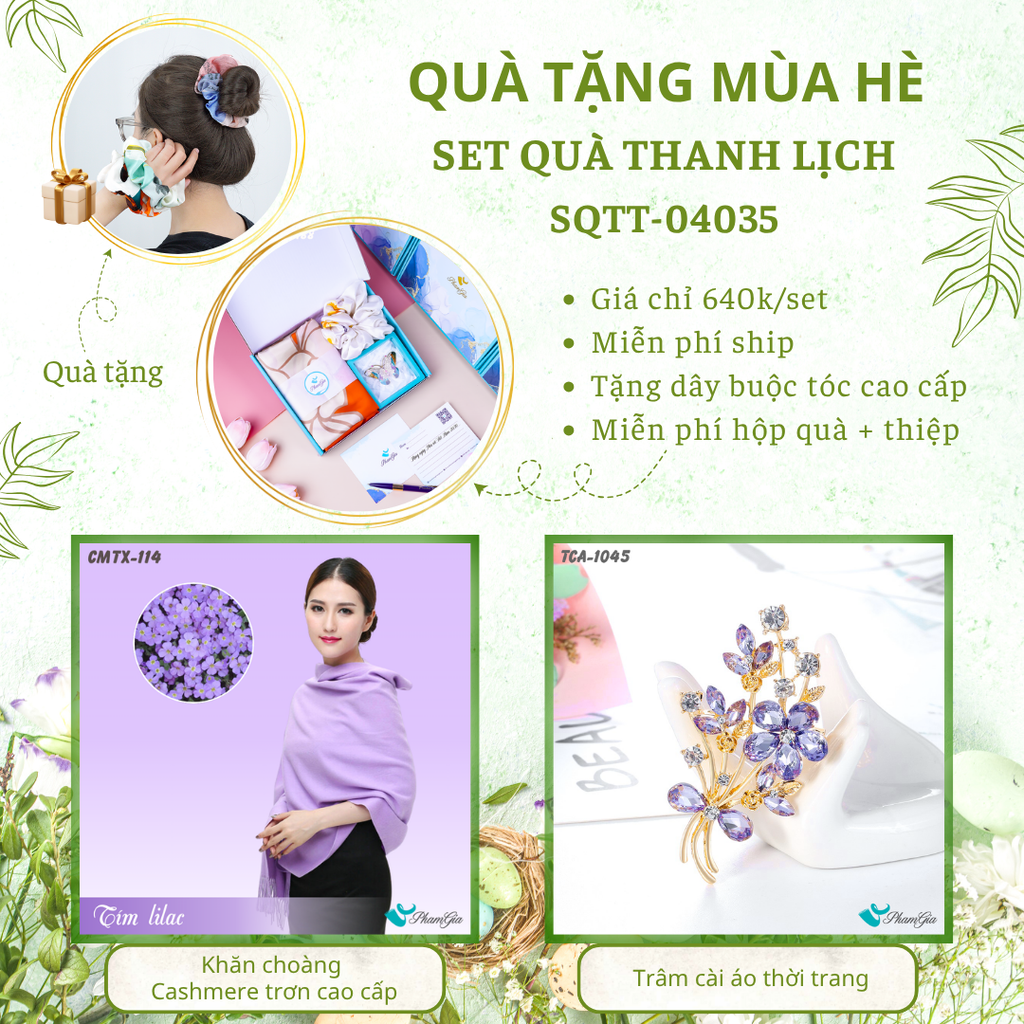 Set quà tặng khăn cashmere trơn màu tím lilac và ghim cài áo hoa cao cấp