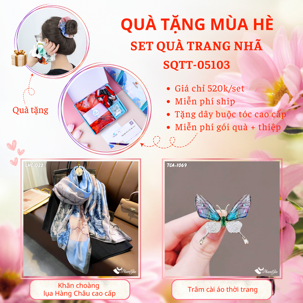 Set Quà Tặng Khăn Choàng Lụa Và Ghim Cài Áo Bướm Xanh Cao Cấp