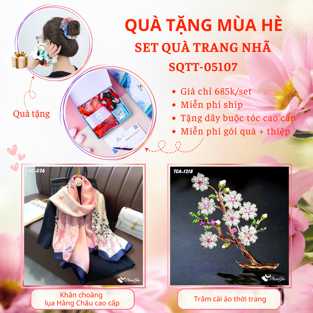 Set Quà Tặng Khăn Choàng Lụa Hoa Lá Và Ghim Cài Áo Hoa Anh Đào Cao Cấp