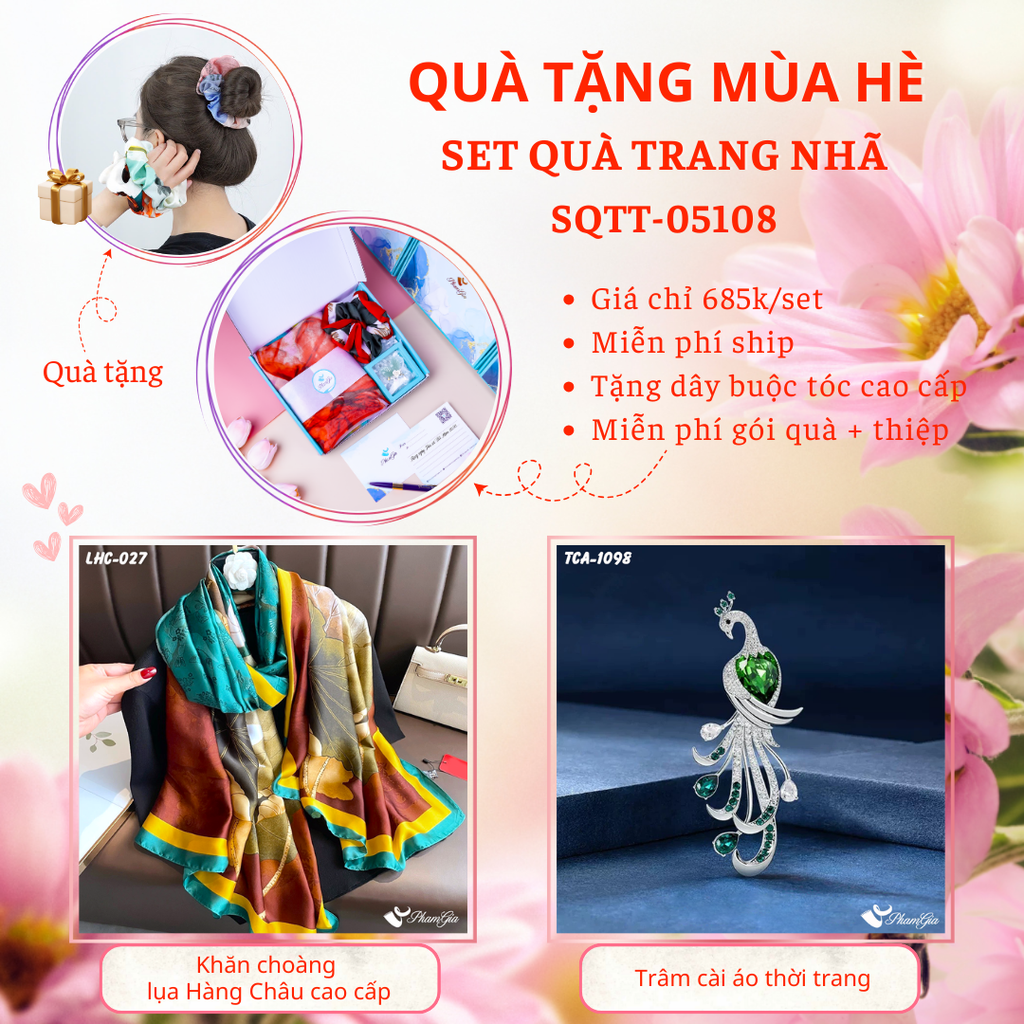 Set Quà Tặng Khăn Choàng Lụa Hoa Sen Và Ghim Cài Áo Chim Công Cao Cấp