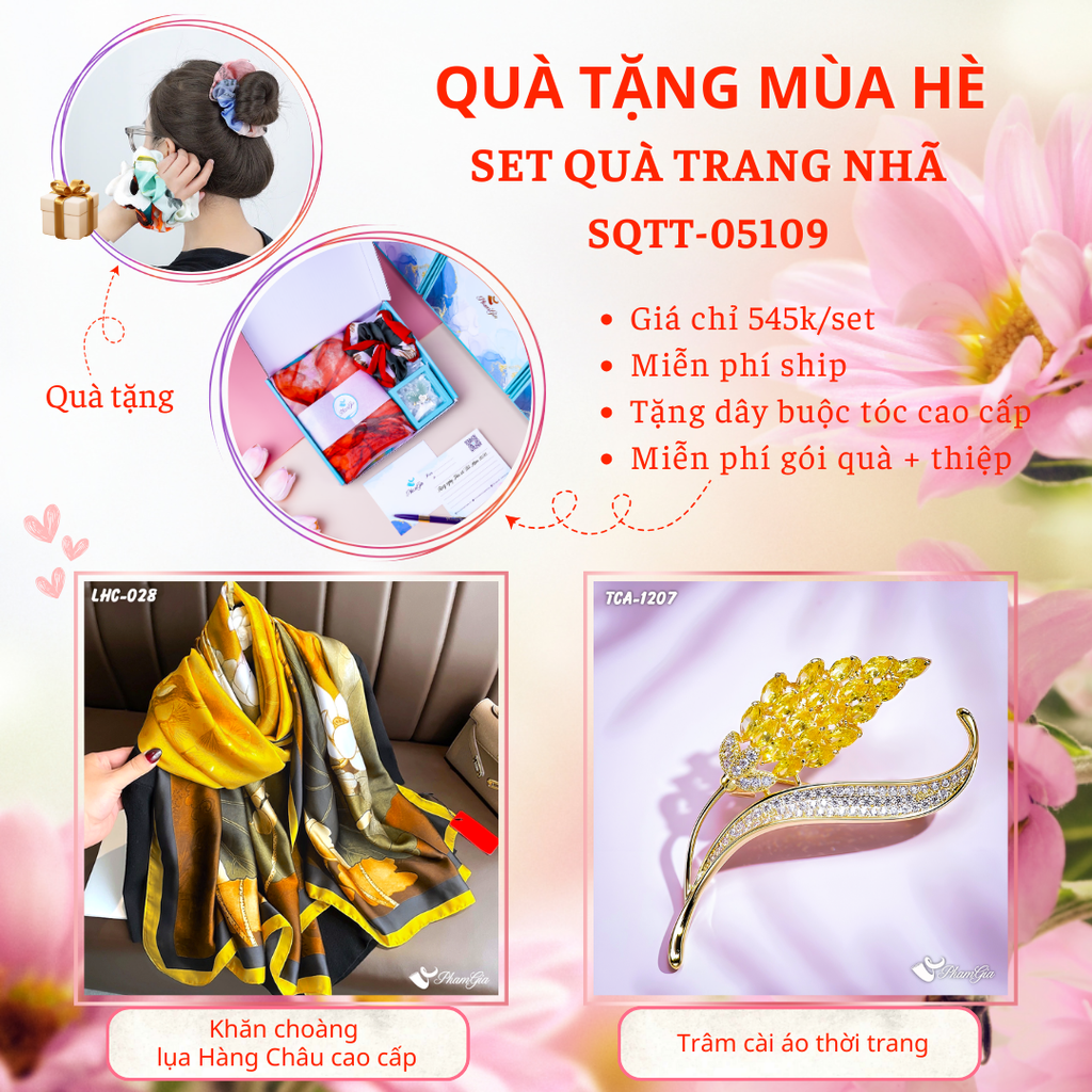 Set Quà Tặng Khăn Choàng Lụa Và Ghim Cài Áo Bông Lúa Cao Cấp