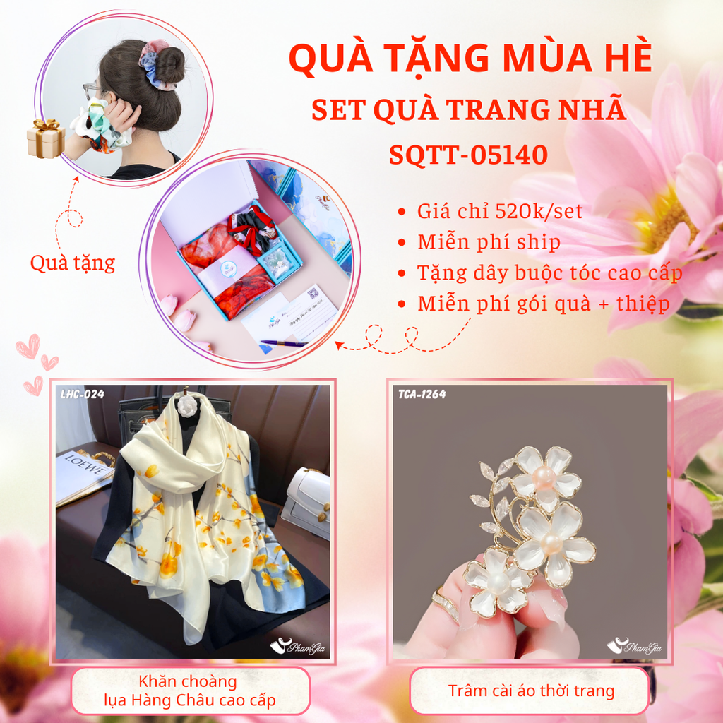 Set Quà Tặng Khăn Choàng Lụa Hoa Mia Vàng Và Ghim Cài Áo Cành Hoa Mai Cao Cấp