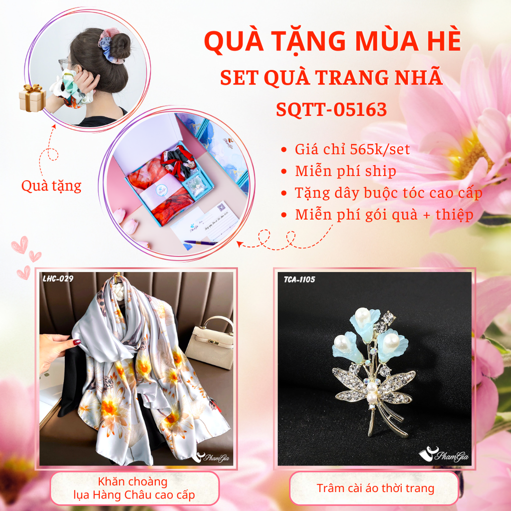 Set Quà Tặng Khăn Choàng Lụa Đài Sen Và Ghim Cài Áo Hoa Lily Cao Cấp