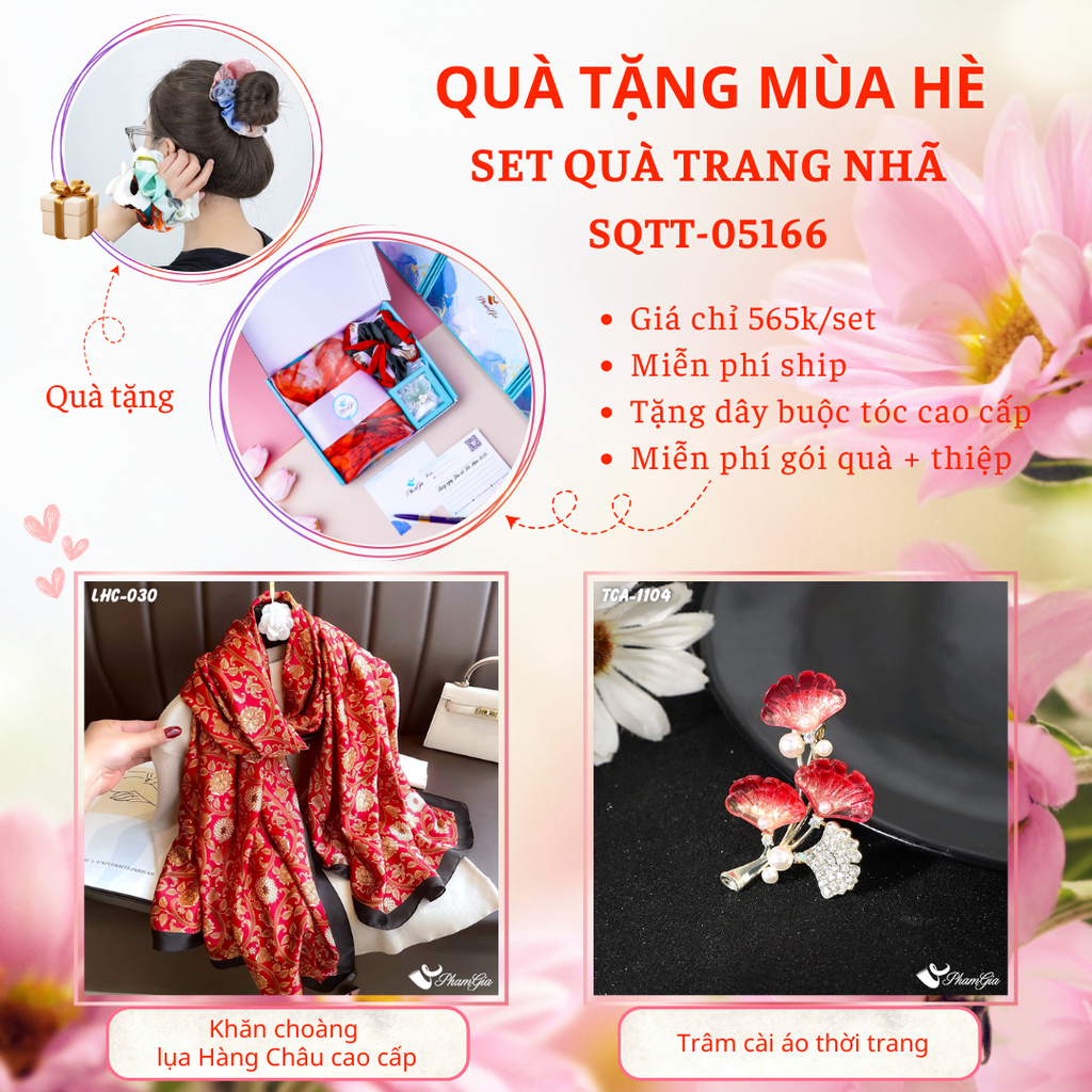 Set Quà Tặng Khăn Choàng Lụa Và Ghim Cài Áo Hoa Cọ Cao Cấp
