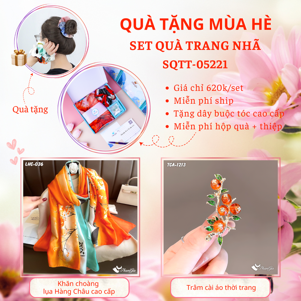 Set Quà Tặng Khăn Choàng Lụa Hoa Đào Và Ghim Cài Áo Nhành Lựu Cao Cấp