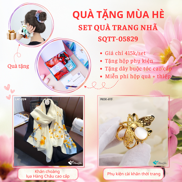 Quà Tặng Mùa Hè - Set Quà Tặng Khăn Lụa Và Phụ Kiện Cài Khăn Trang Nhã (SQTT05829)