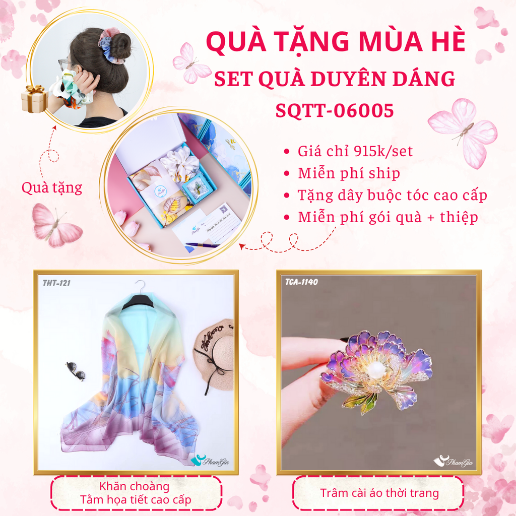 Quà Tặng Mùa Hè - Set Quà Tặng Khăn Choàng Tằm Họa Tiết Và Ghim Cài Áo Duyên Dáng (SQTT06005)