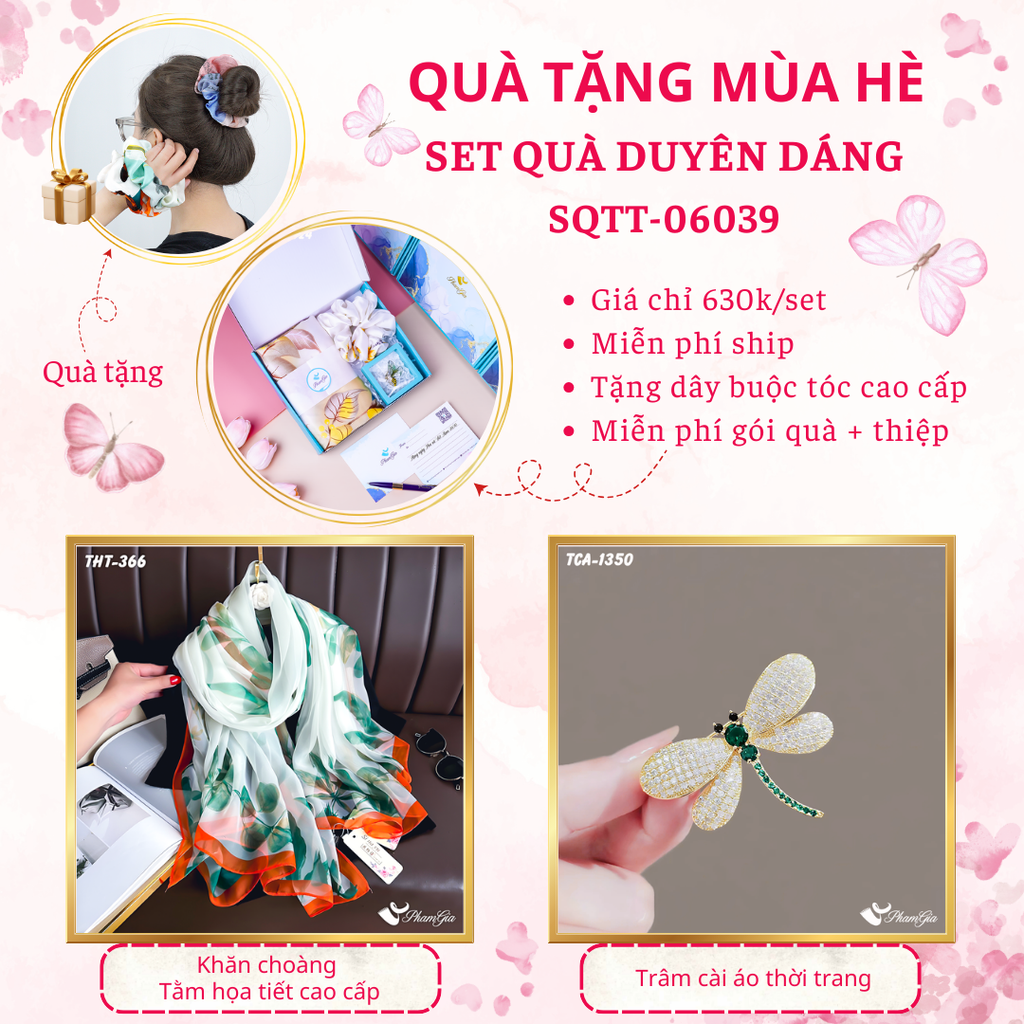 Set quà tặng khăn choàng tằm họa tiết và ghim cài áo chuồn chuồn cao cấp