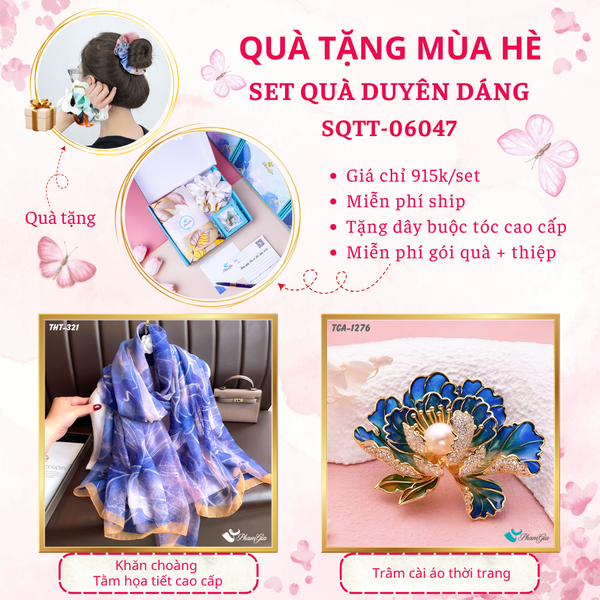 Quà Tặng Mùa Hè - Set Quà Tặng Khăn Choàng Tằm Họa Tiết Và Ghim Cài Áo Duyên Dáng (SQTT06047)