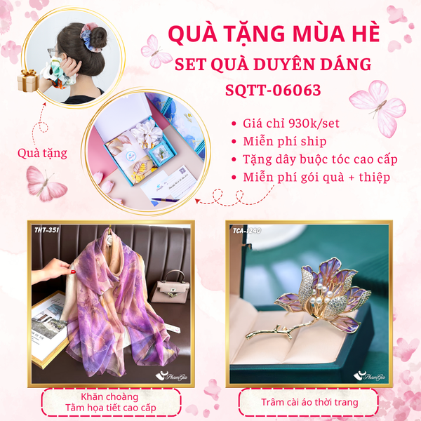 Quà Tặng Mùa Hè - Set Quà Tặng Khăn Choàng Tằm Họa Tiết Và Ghim Cài Áo Duyên Dáng (SQTT06063)