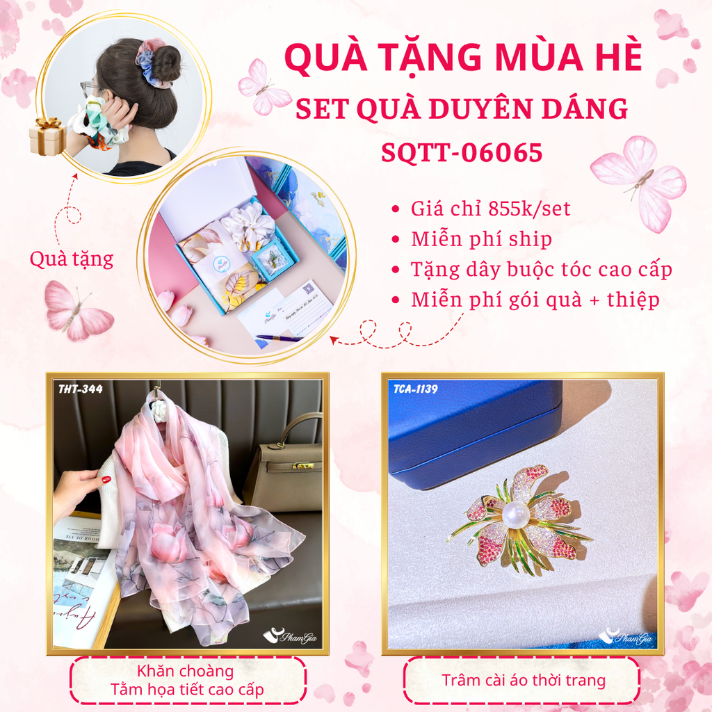 Quà Tặng Mùa Hè - Set Quà Tặng Khăn Choàng Tằm Họa Tiết Và Ghim Cài Áo Duyên Dáng (SQTT06065)