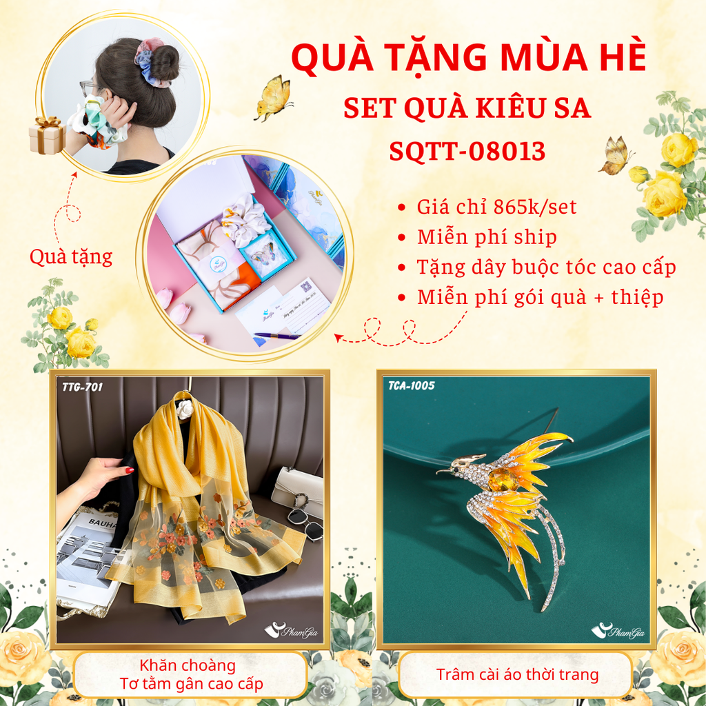 Set quà tặng khăn choàng tơ tằm gân vàng gold và ghim cài áo phượng hoàng cao cấp