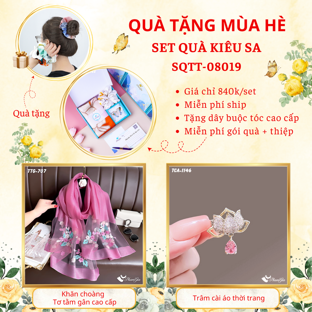 Set quà tặng khăn choàng tơ tằm gân màu hồng mận và ghim cài áo hoa sen cao cấp