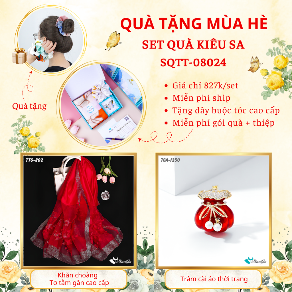 Set quà tặng khăn choàng tơ tằm gân màu đỏ chery và ghim cài áo túi tiền cao cấp