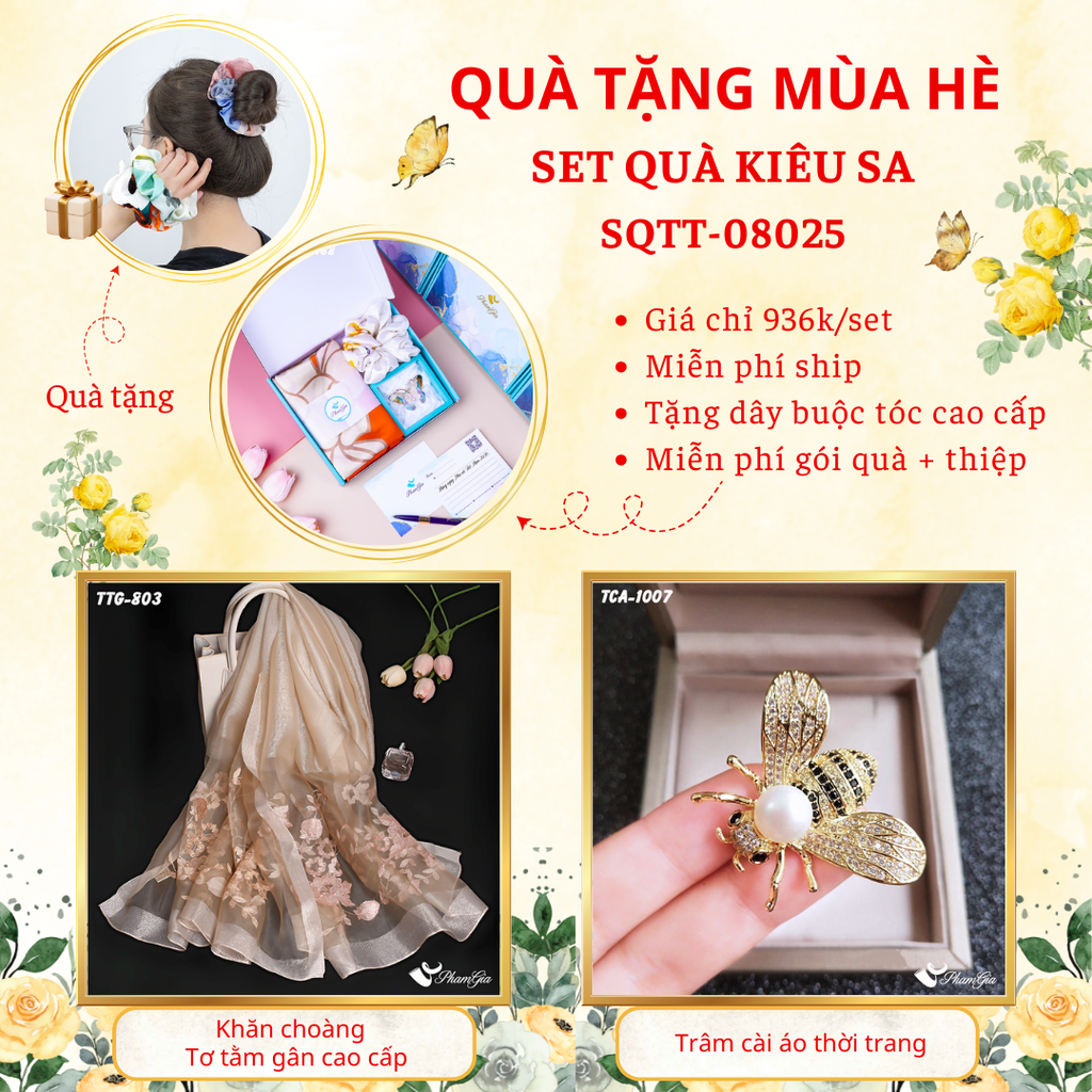 Set quà tặng khăn choàng tơ tằm gân màu beige và ghim cài áo ong vàng cao cấp