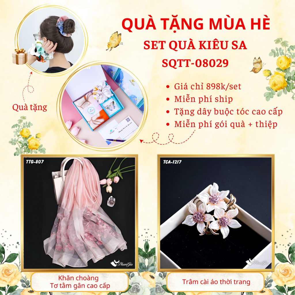 Set quà tặng khăn choàng tơ tằm gân màu hồng dâu và ghim cài áo hoa lily cao cấp