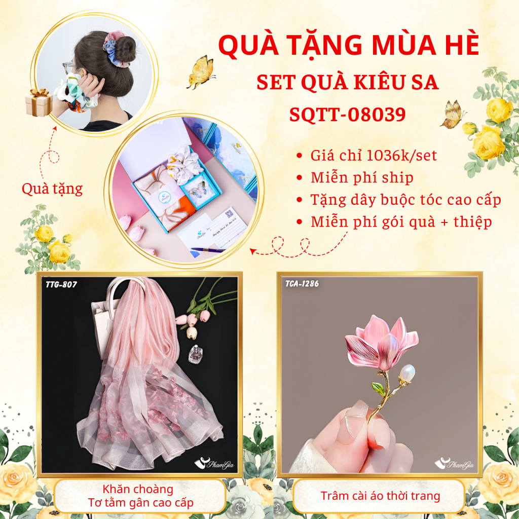 Set quà tặng khăn choàng tơ tằm gân màu hồng dâu và ghim cài áo hoa mộc lan cao cấp