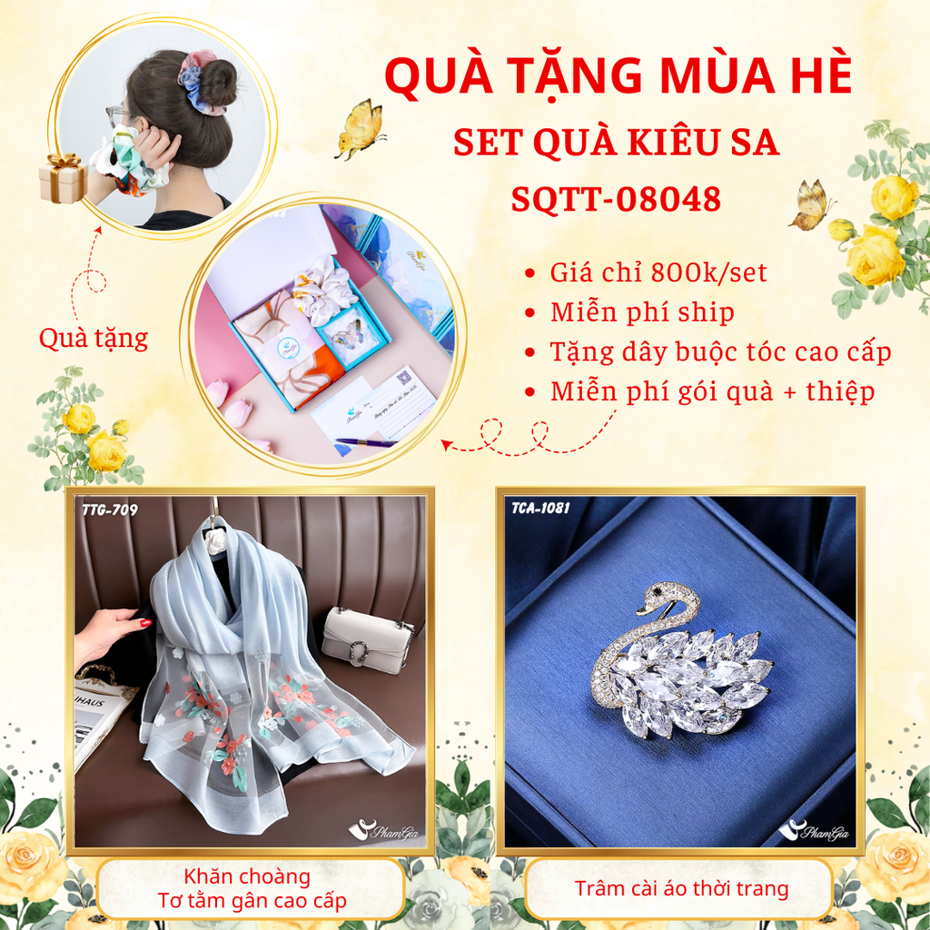 Set quà tặng khăn choàng tơ tằm gân màu xanh baby và ghim cài áo thiên nga cao cấp