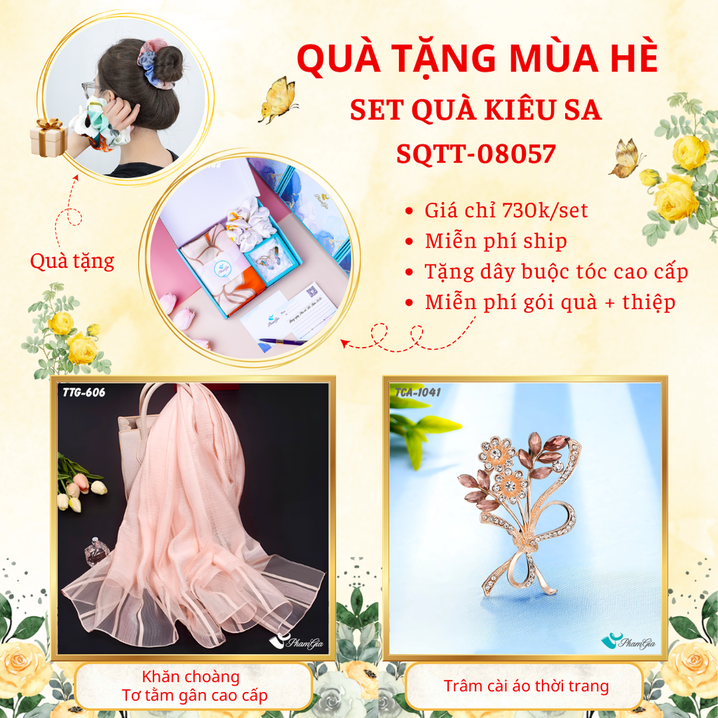 Set quà tặng khăn choàng tơ tằm gân màu hồng cam sữa và ghim cài áo cành hoa cao cấp