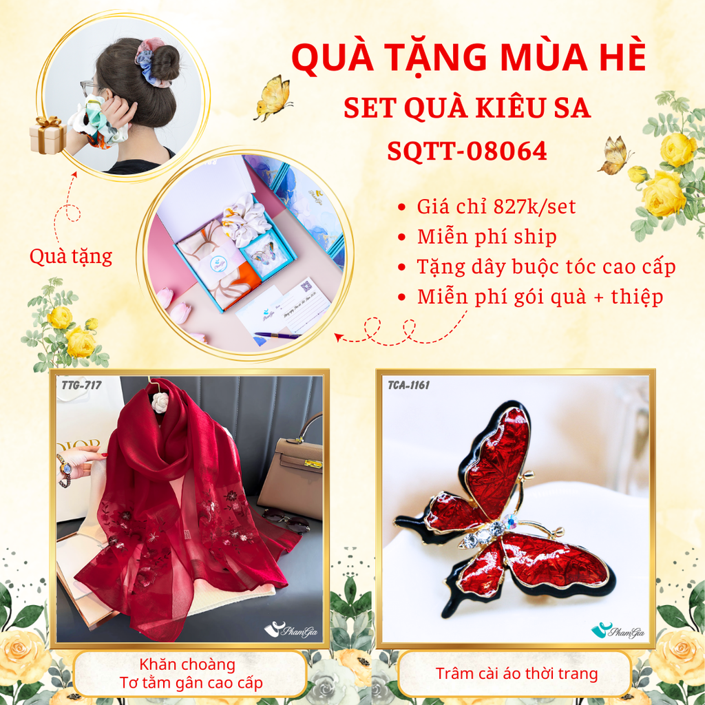 Set quà tặng khăn choàng tơ tằm gân màu đỏ và ghim cài áo bướm cao cấp