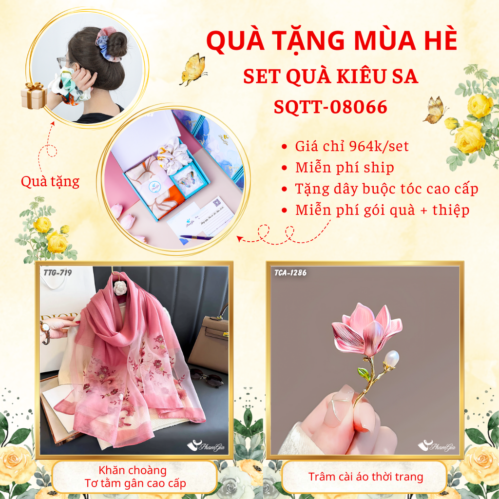 Set quà tặng khăn choàng tơ tằm gân màu hồng baby và ghim cài áo hoa mộc lan cao cấp