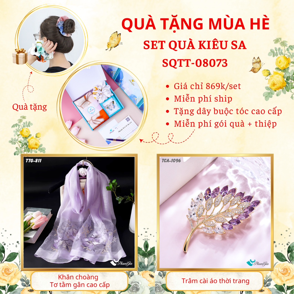 Set quà tặng khăn choàng tơ tằm gân màu tím lilac và ghim cài áo lông vũ cao cấp