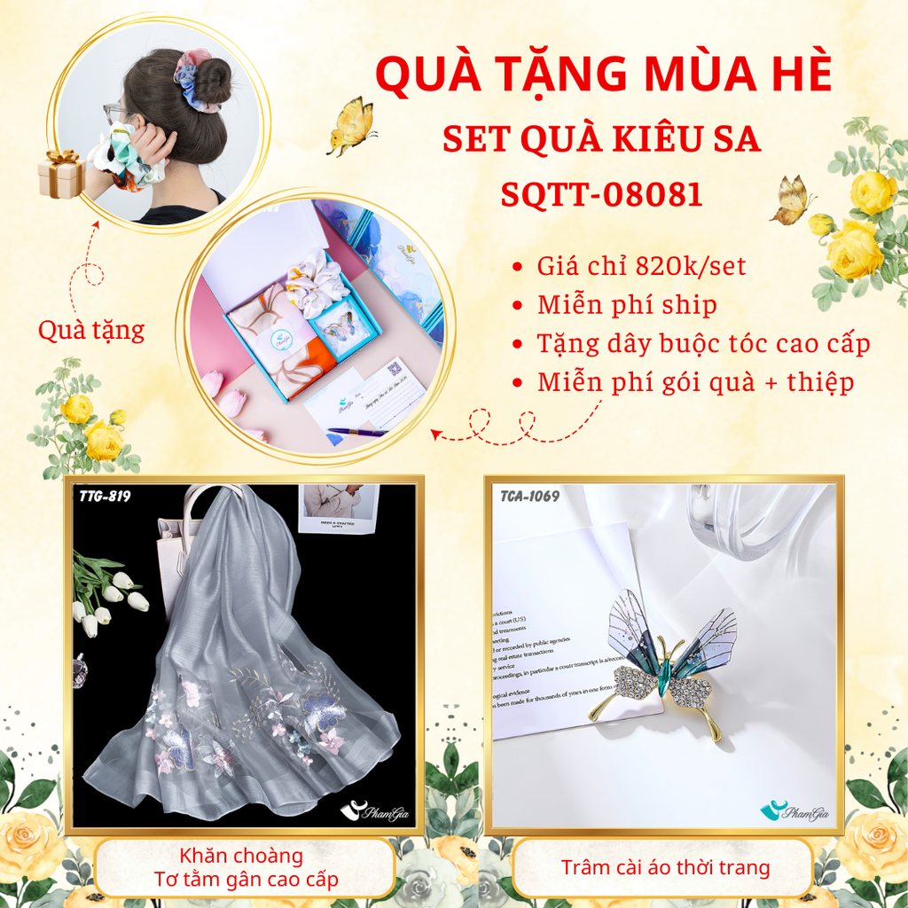 Set quà tặng khăn choàng tơ tằm gân màu xám khói và ghim cài áo bướm xanh cao cấp