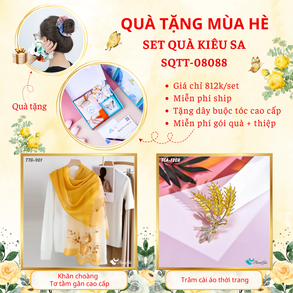 Set quà tặng khăn choàng tơ tằm gân màu vàng và ghim cài áo bông lúa cao cấp