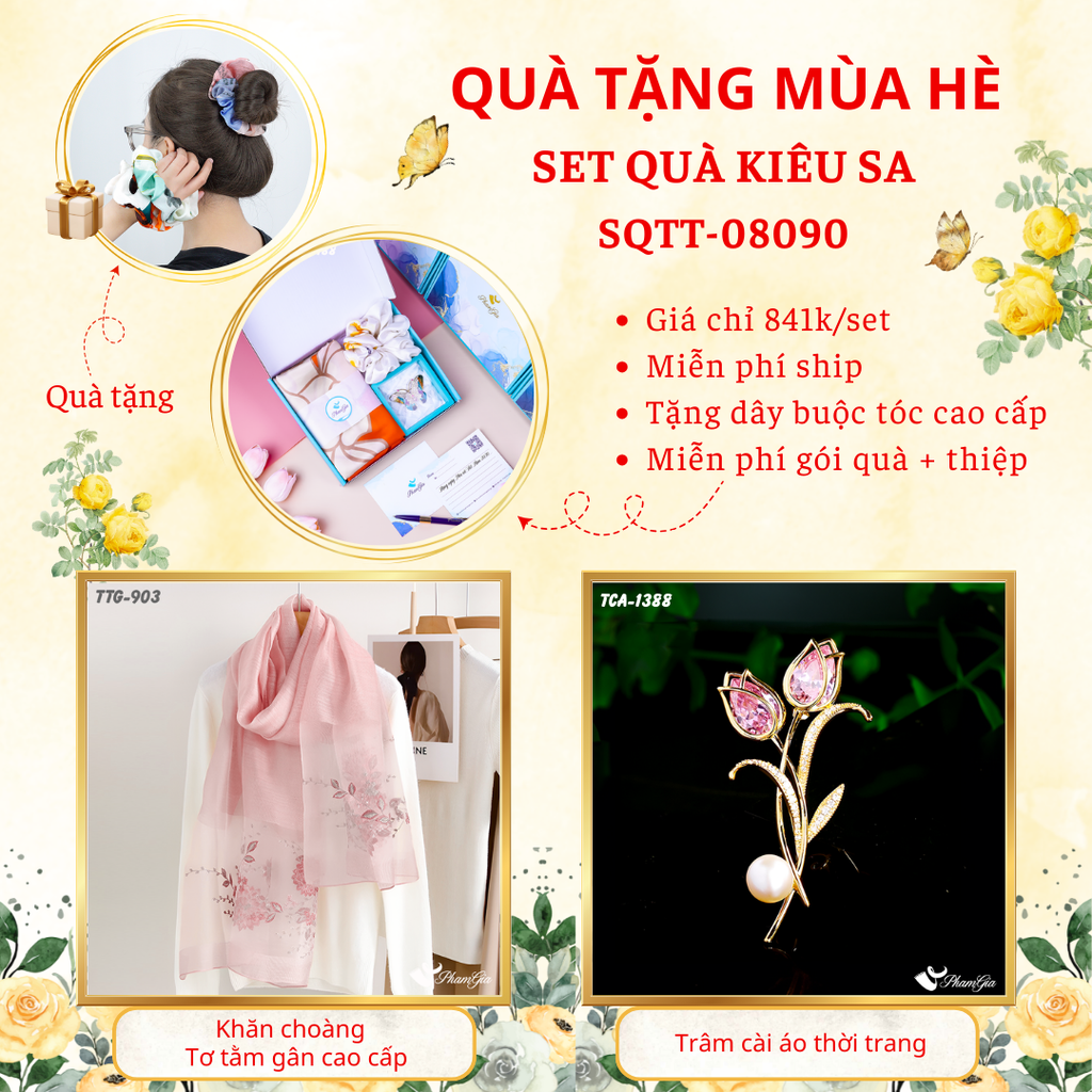 Set quà tặng khăn choàng tơ tằm gân màu hồng và ghim cài áo hoa tulip cao cấp
