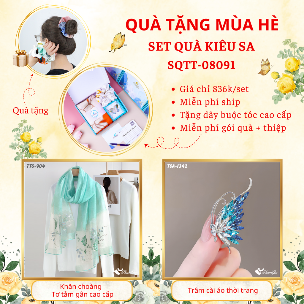 Set quà tặng khăn choàng tơ tằm gân màu xanh baby và ghim cài áo cánh bướm xanh cao cấp