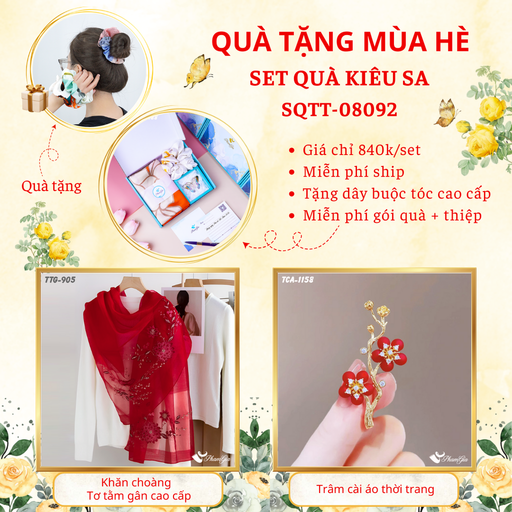 Set quà tặng khăn choàng tơ tằm gân màu đỏ và ghim cài áo hoa anh đào cao cấp