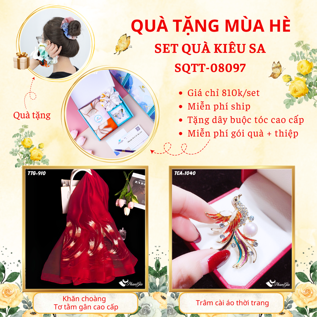 Set quà tặng khăn choàng tơ tằm gân màu đỏ và ghim cài áo chim phượng hoàng cao cấp