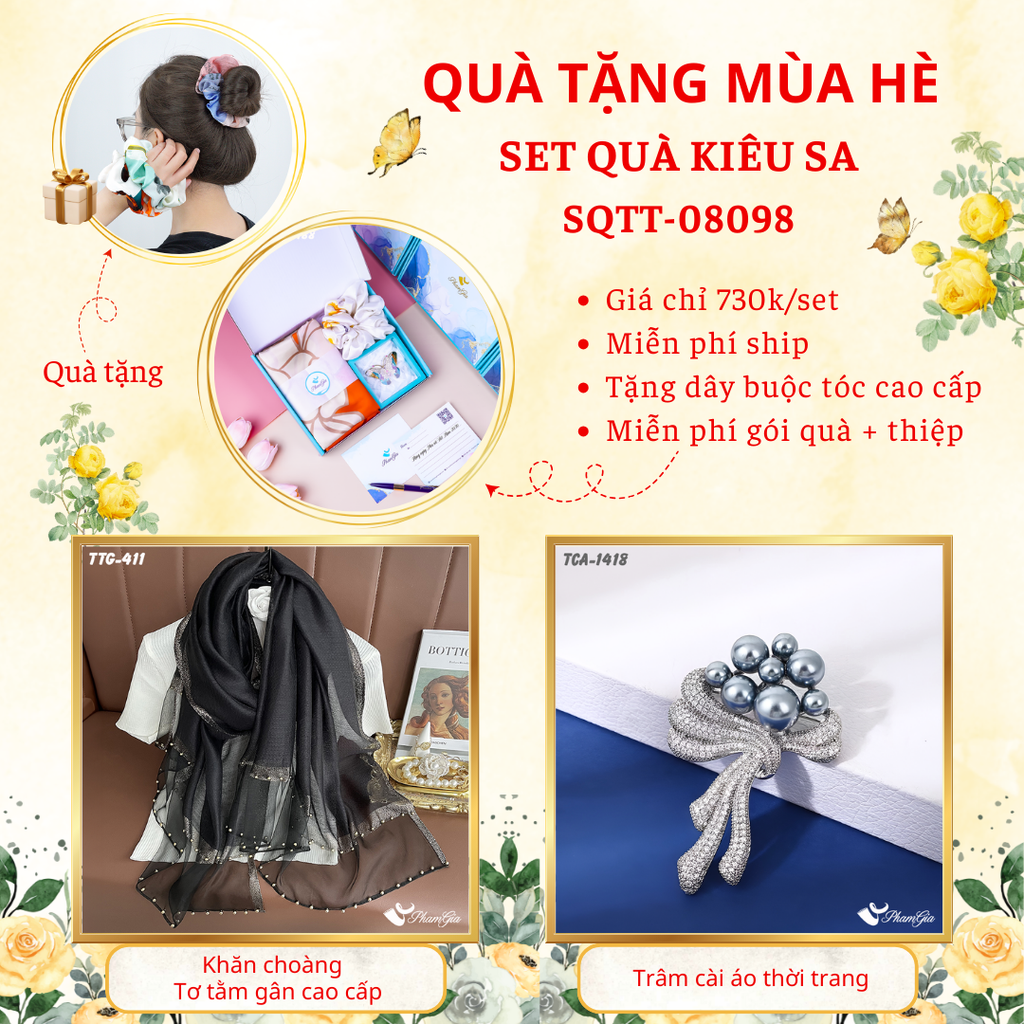 Set quà tặng khăn choàng tơ tằm gân đen tuyền và ghim cài áo đóa ngọc châu cao cấp