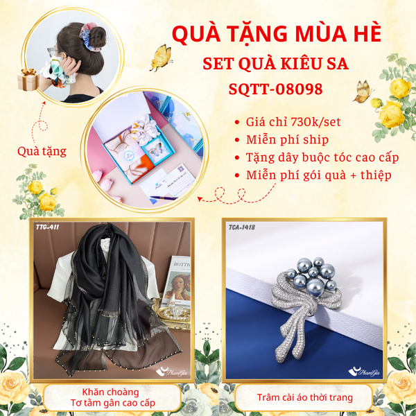 Quà Tặng Mùa Hè - Set Quà Tặng Khăn Choàng Tơ Tằm Gân Cao Cấp Và Ghim Cài Áo Kiêu Sa (SQTT08098)