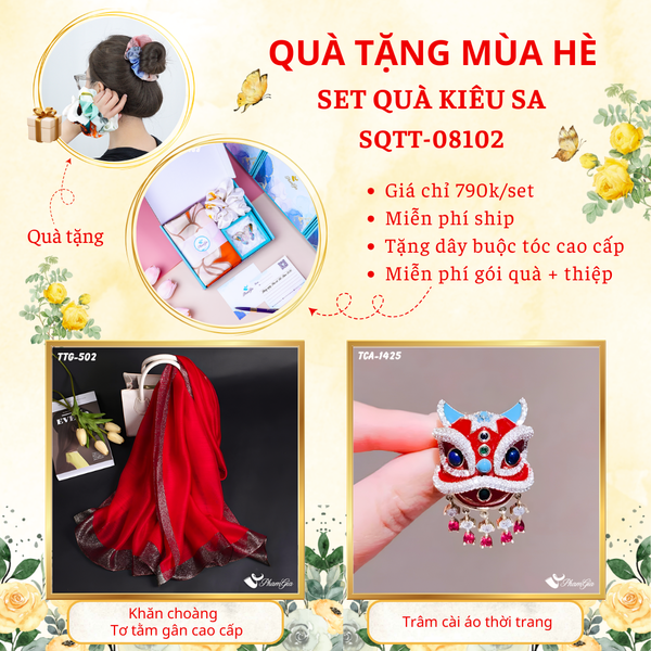 Quà Tặng Mùa Hè - Set Quà Tặng Khăn Choàng Tơ Tằm Gân Cao Cấp Và Ghim Cài Áo Kiêu Sa (SQTT08102)