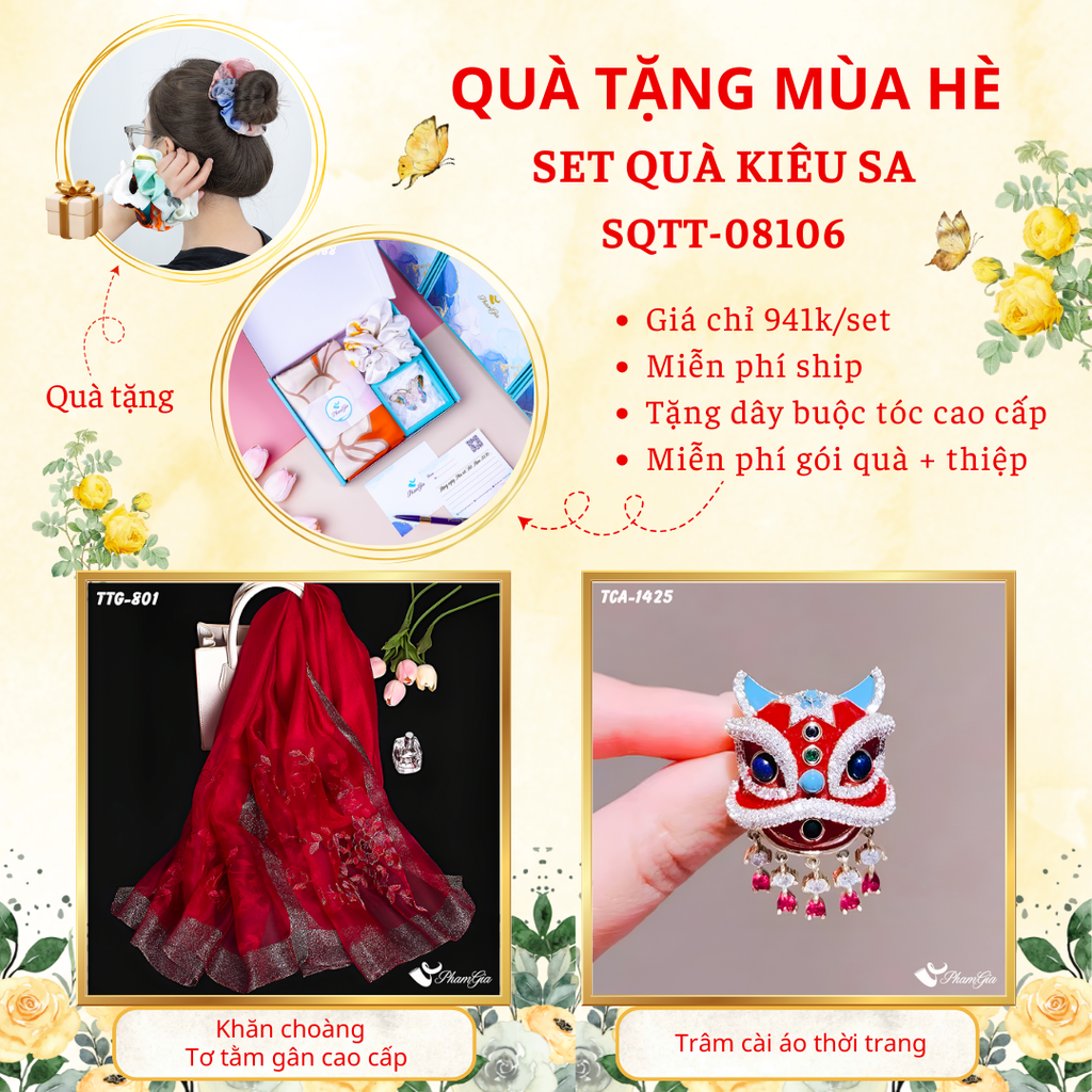 Set quà tặng khăn choàng tơ tằm gân màu đỏ đô và ghim cài áo đầu kỳ lân cao cấp
