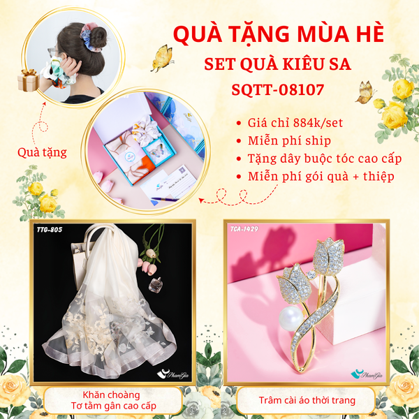 Quà Tặng Mùa Hè - Set Quà Tặng Khăn Choàng Tơ Tằm Gân Cao Cấp Và Ghim Cài Áo Kiêu Sa (SQTT08107)