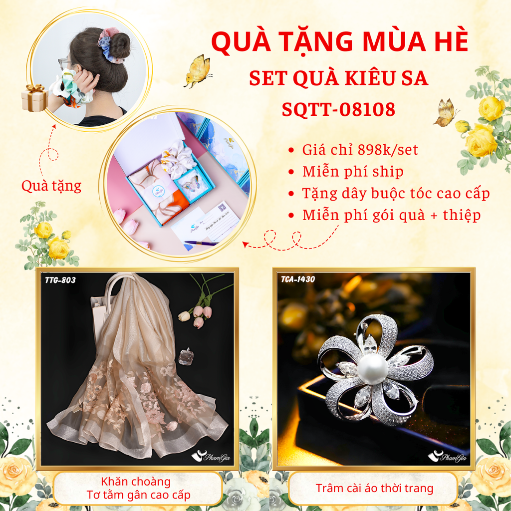 Set quà tặng khăn choàng tơ tằm gân màu beige và ghim cài áo hoa bạc cao cấp