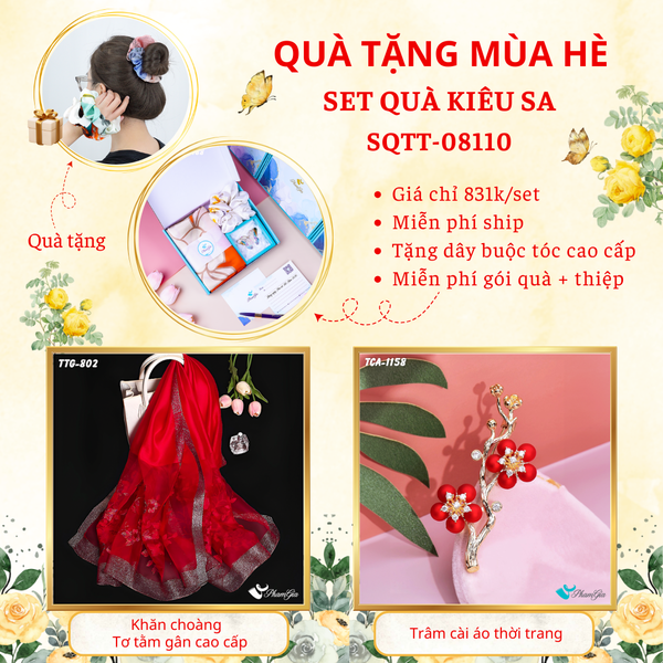 Quà Tặng Mùa Hè - Set Quà Tặng Khăn Choàng Tơ Tằm Gân Cao Cấp Và Ghim Cài Áo Kiêu Sa (SQTT08110)