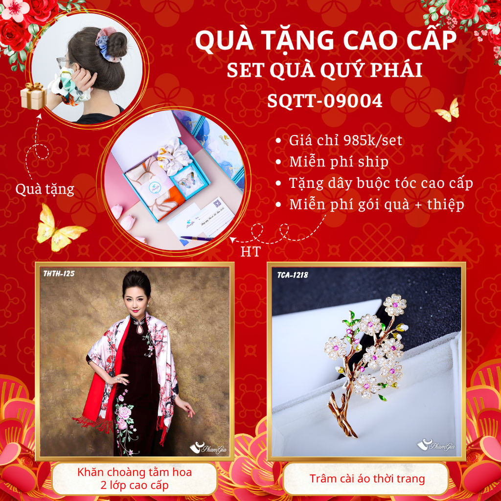 Quà Tặng Cao Cấp - Set Quà Tặng Khăn Choàng Tằm Hoa 2 Lớp Và Ghim Cài Áo Quý Phái (SQTT09004)