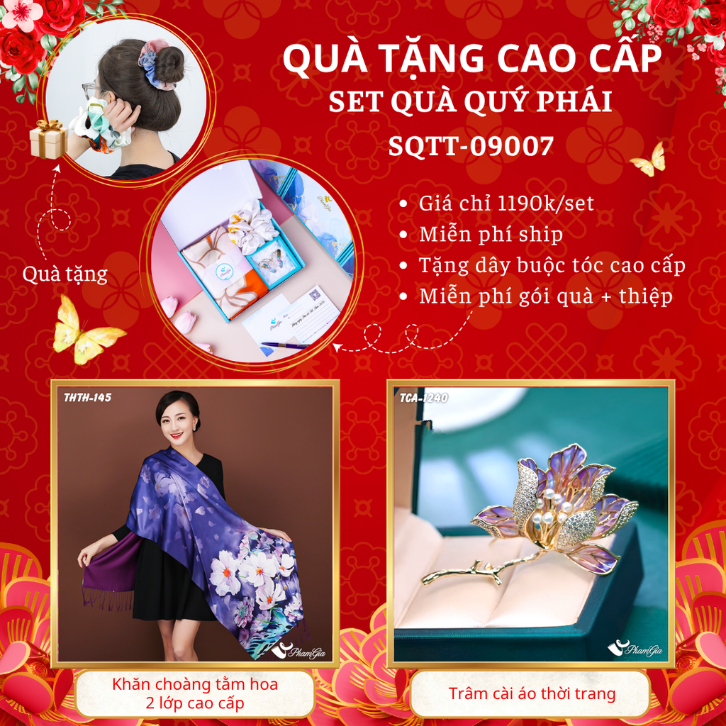 Quà Tặng Cao Cấp - Set Quà Tặng Khăn Choàng Tằm Hoa 2 Lớp Và Ghim Cài Áo Quý Phái (SQTT09007)