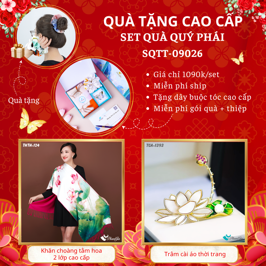 Quà Tặng Cao Cấp - Set Quà Tặng Khăn Choàng Tằm Hoa 2 Lớp Và Ghim Cài Áo Quý Phái (SQTT09026)