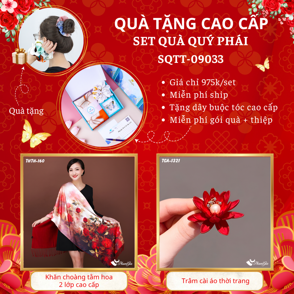 Quà Tặng Cao Cấp - Set Quà Tặng Khăn Choàng Tằm Hoa 2 Lớp Và Ghim Cài Áo Quý Phái (SQTT09033)