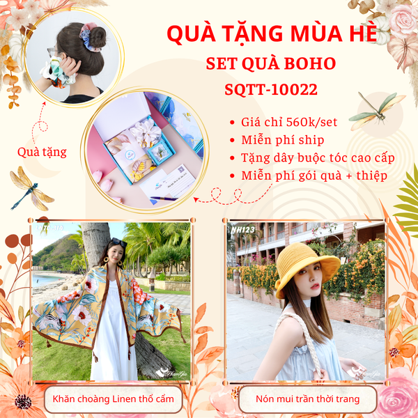 Quà Tặng Mùa Hè - Set Quà Tặng Khăn Choàng Linen Thổ Cẩm Và Nón Mui Trần Phong Cách Boho (SQTT10022)